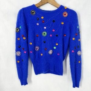 Vintage Premier Collection Jewel Embellished Blue Angora Sweater Womens Size XS